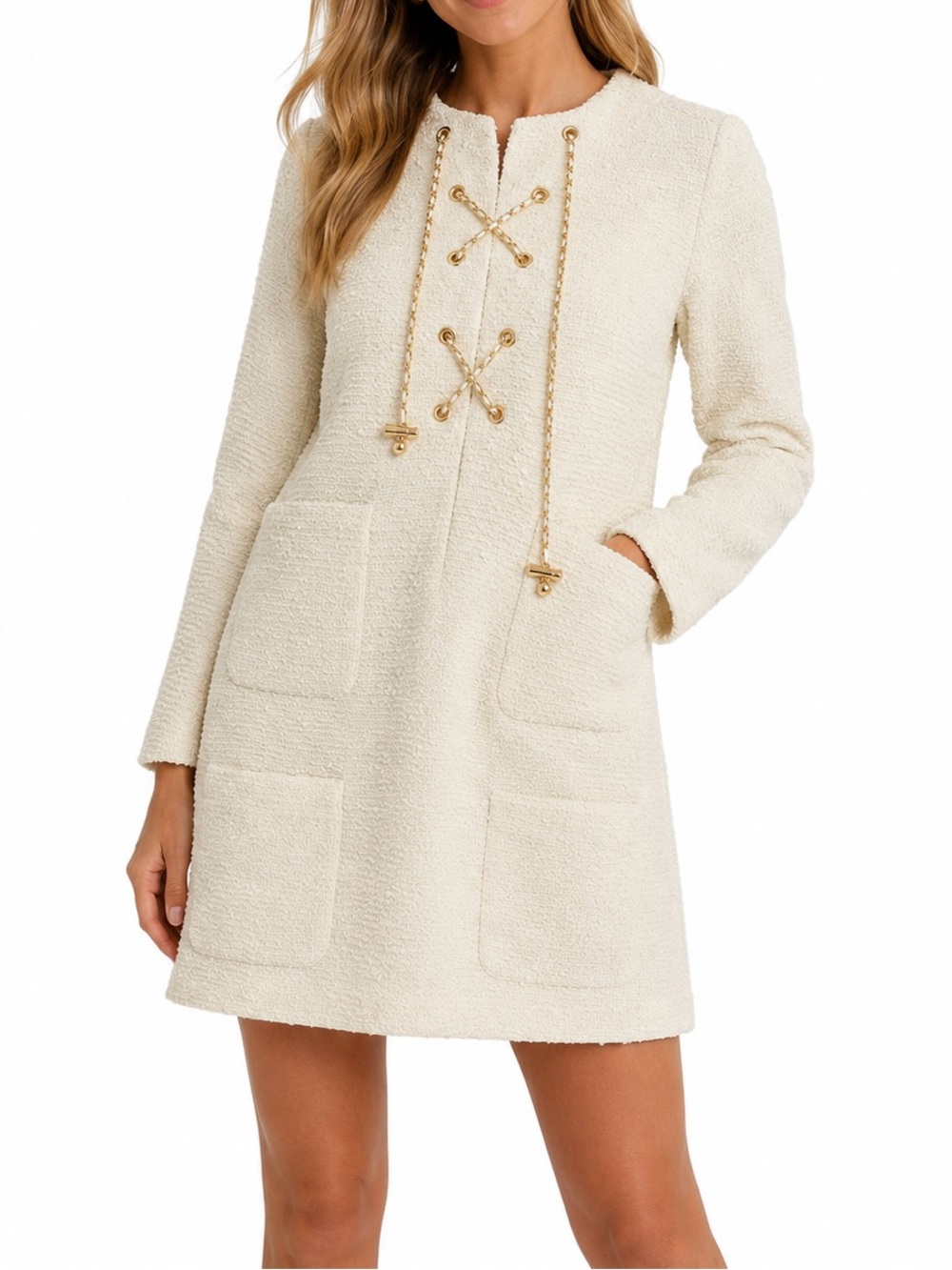 NWT Tuckernuck Blanc Tweed Kelly Dress Ivory Gold Chain Lace Up Size M